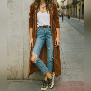 Retro Velour 70s Longline Open Front Cardigan Split Hem Sweater Duster Jacket